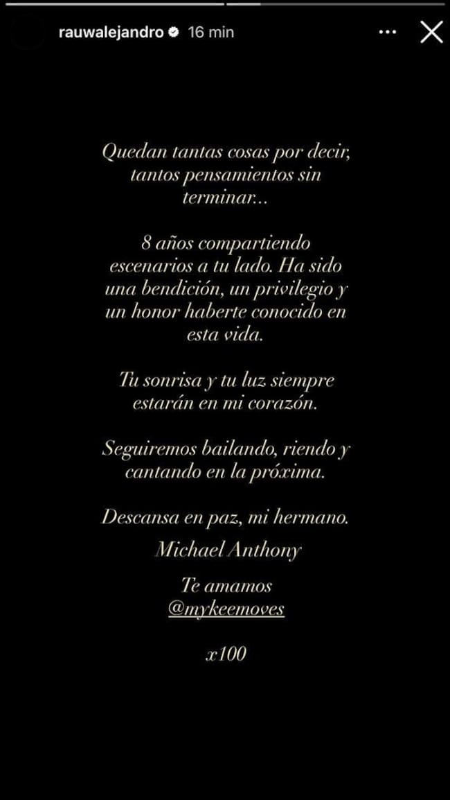 Comunicado de Rauw Alejandro ante la muerte del bailarín Mykee Moves en Instagram el 14 de julio de 2026