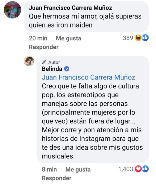 La respuesta de Belinda a fan que la criticó por falda de Iron Maiden