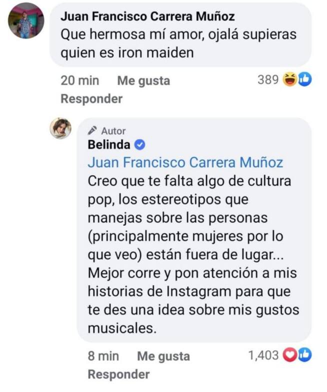 La respuesta de Belinda a fan que la criticó por falda de Iron Maiden