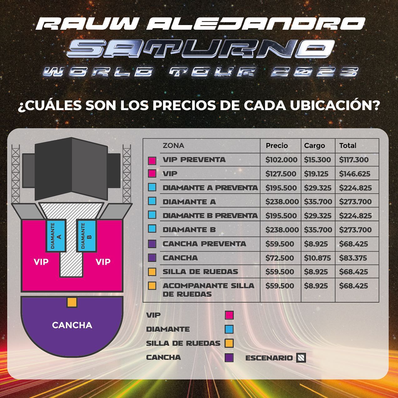 Entradas y ubicaciones para ver a Rauw Alejandro en Chile (Instagram @transistorgigs</a>)