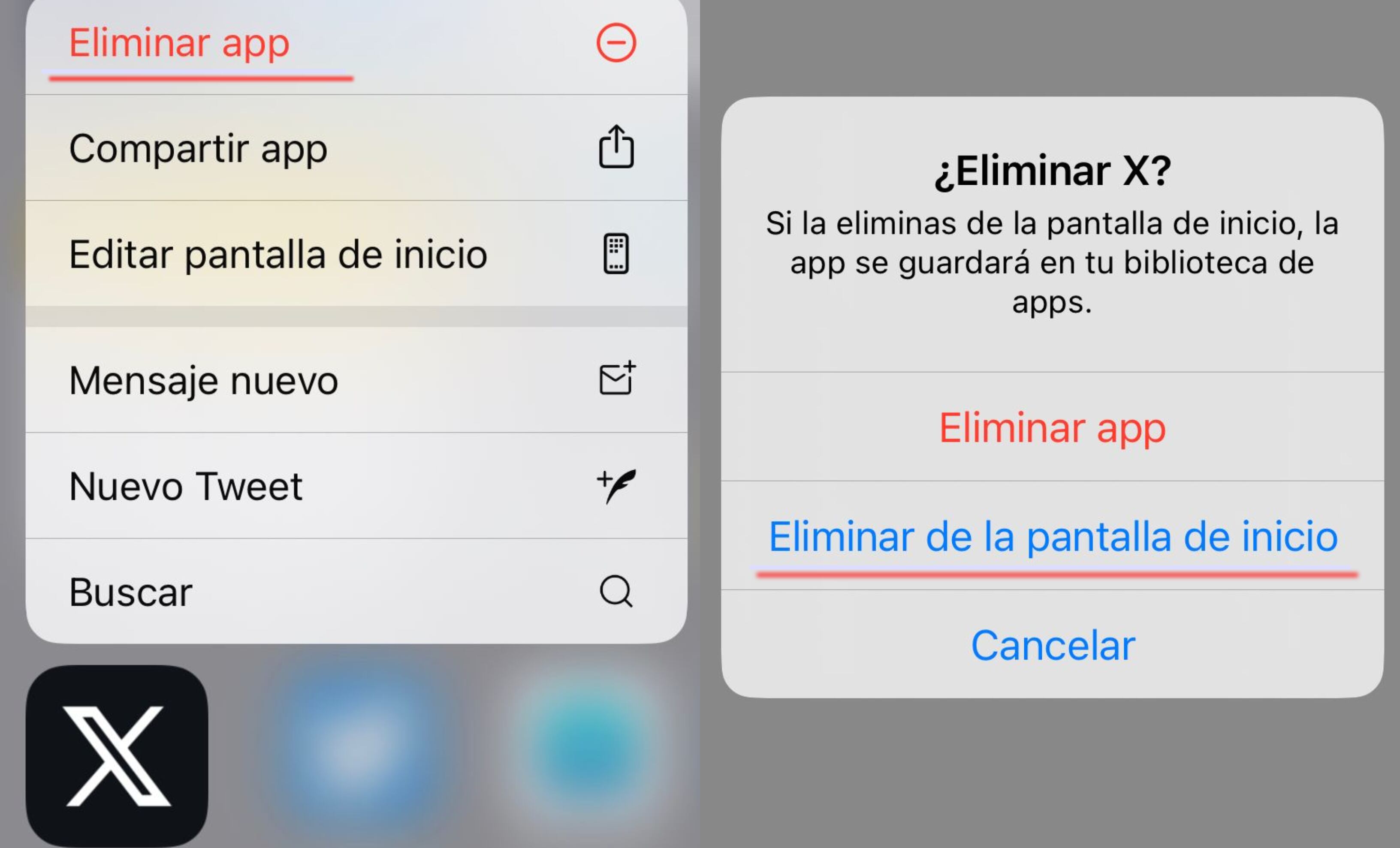 Cómo eliminar de la pantalla de inicio la app.