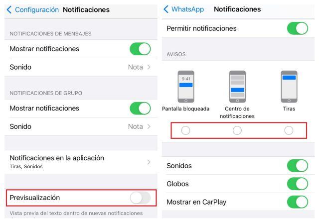 Configuración para evitar que se previsualice el texto de los mensajes y para que no se muestren las notificaciones en la pantalla de inicio