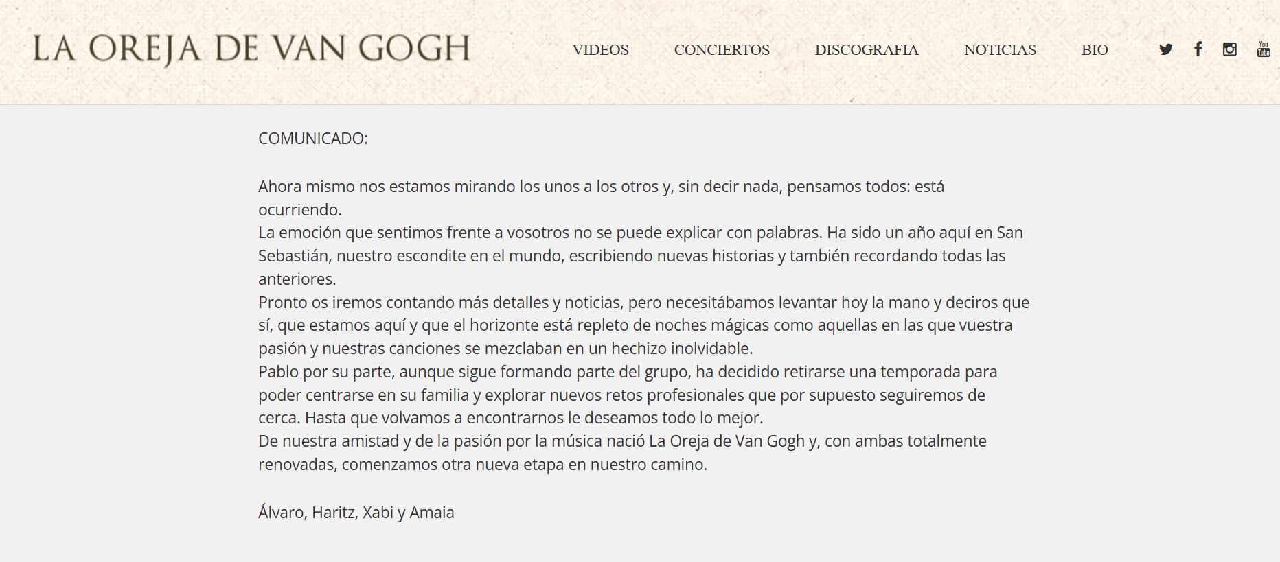 Comunicado de La Oreja de Van Gogh en su página web