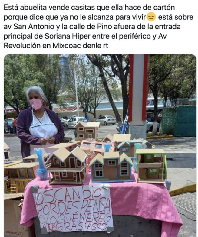 Abuelita hace casas de cartón a cambio de despensa, piden que la hagan viral para poder ayudarla