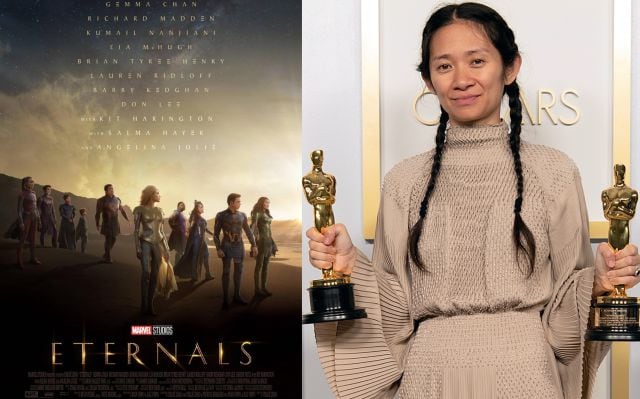 El cartel de &#039;Eternals&#039; junto a su directora, Chloé Zhao.