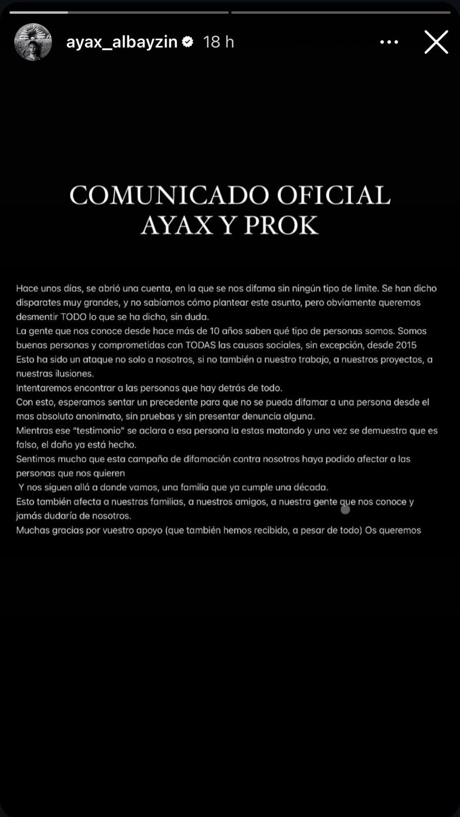 Comunicado oficial de Ayax y Prok lanzado a través de Instagram Stories