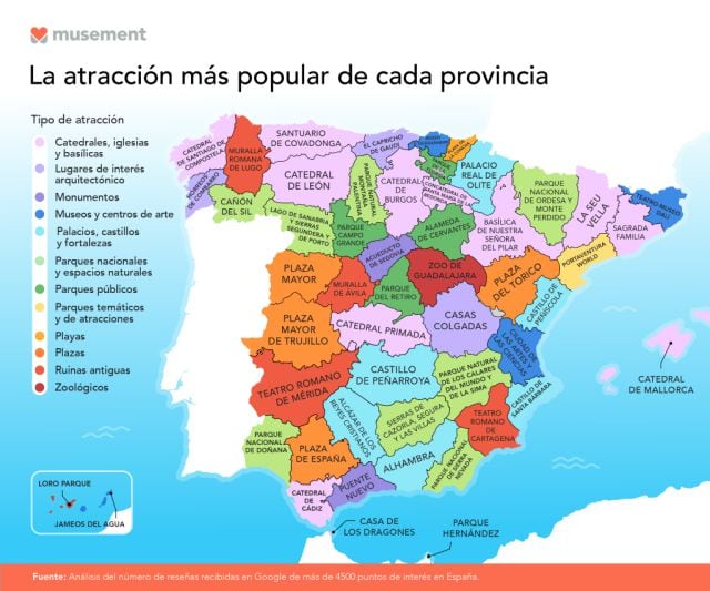 Las atracciones más populares de cada provincia de España.