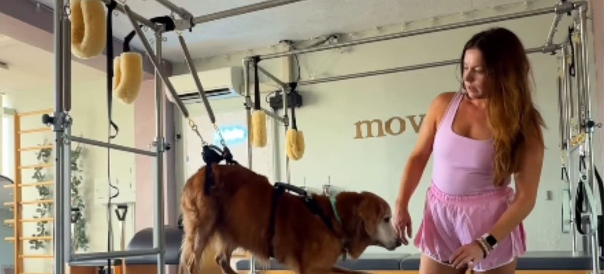 Weasel, junto a su dueña (y monitora de Pilates).
