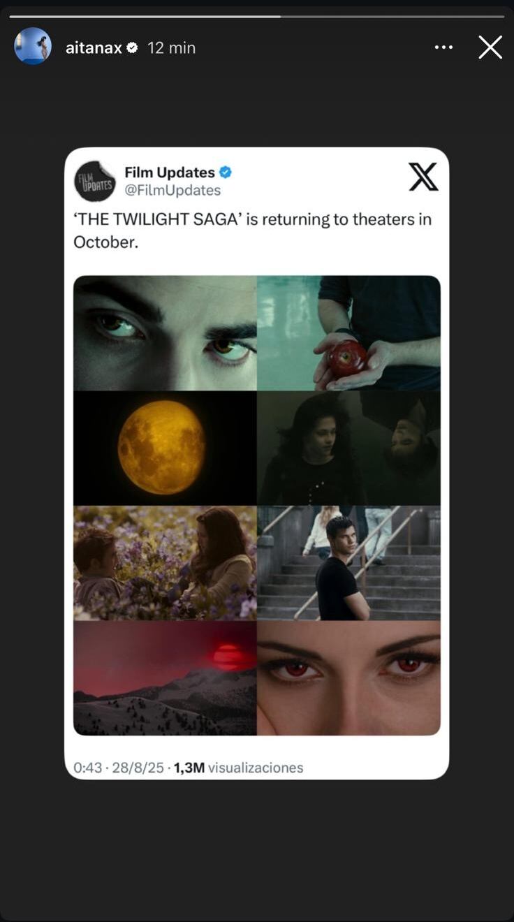 Historia de Aitana compartiendo la noticia del regreso de 'Crepúsculo' a los cines