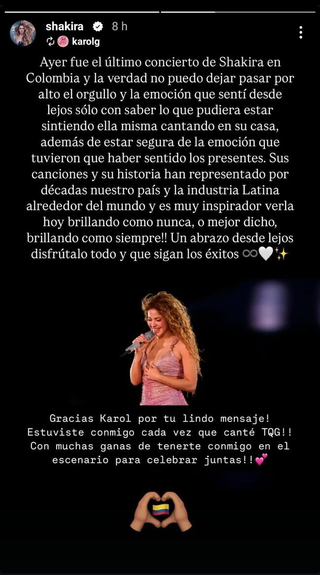 Karol G y Shakira intercambian palabras de afecto en sus 'stories' de Instagram.