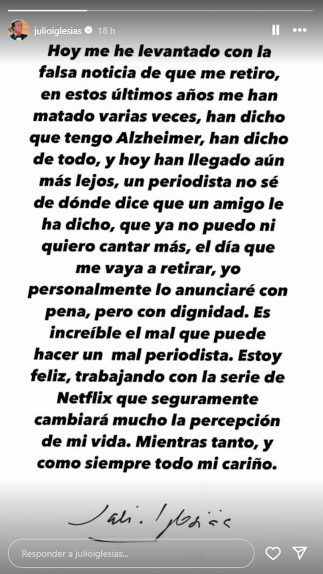 Julio Iglesias se pronuncia en redes