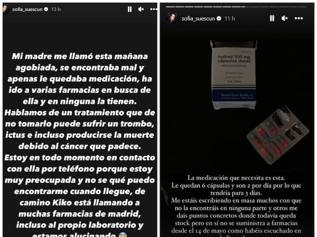 Los stories de Sofia Suescun sobre la falta de medicación para su madre.