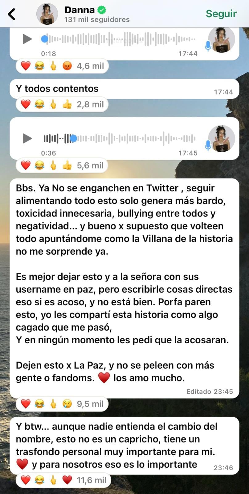 Mensajes de Danna Paola en su canal de difusión de WhastApp