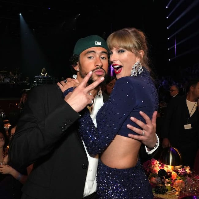 LOS ANGELES, CALIFORNIA - FEBRUARY 05: (L-R) Bad Bunny and Taylor Swift attend the 65th GRAMMY Awards at Crypto.com Arena on February 05, 2023 in Los Angeles, California. (Photo by Kevin Mazur/Getty Images for The Recording Academy)
