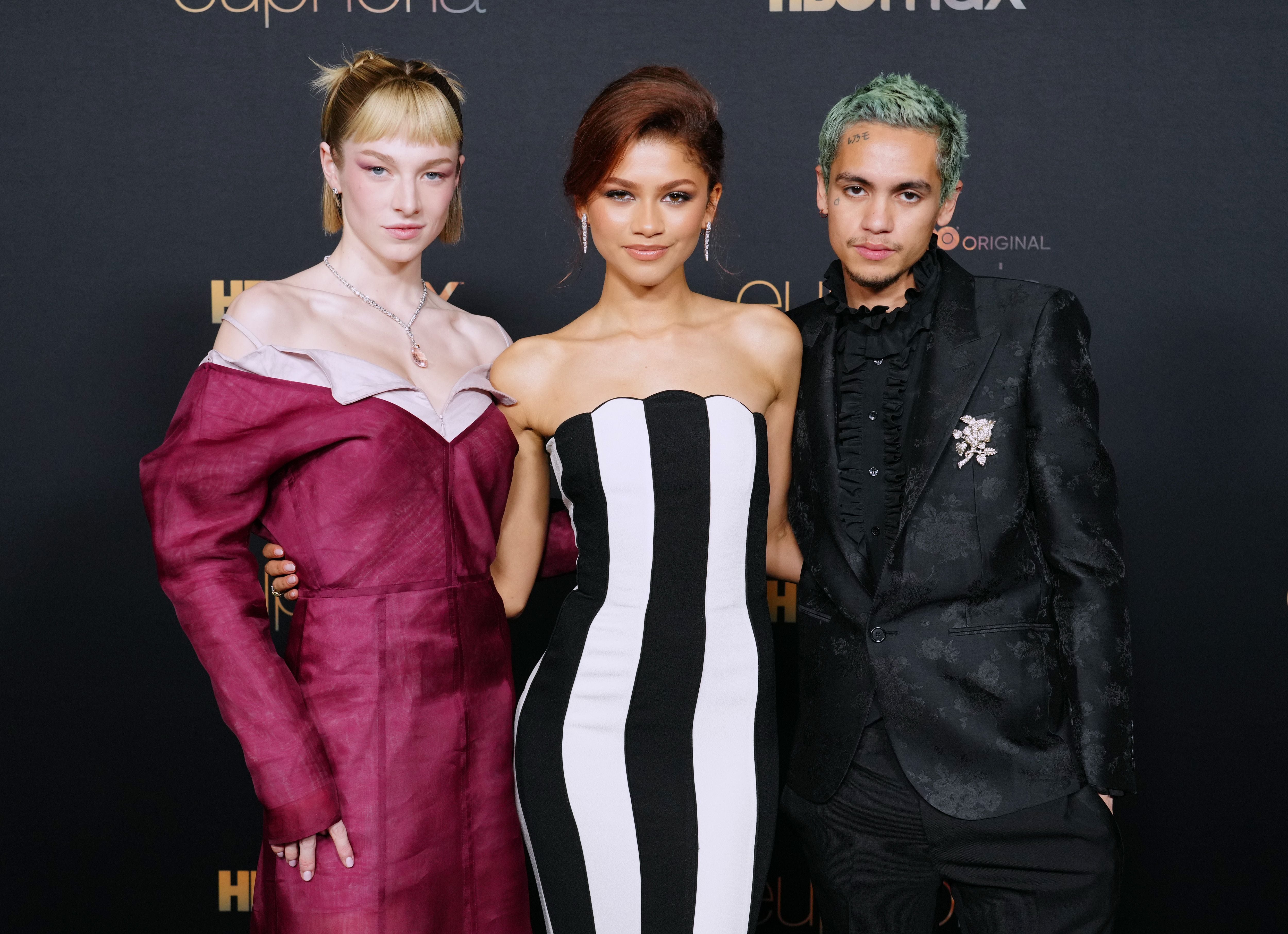Hunter Schafer, Zendaya y Dominic Fike en la presentación de Euphoria 2