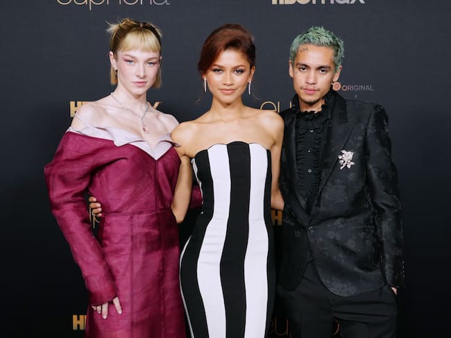 Hunter Schafer, Zendaya y Dominic Fike en la presentación de Euphoria 2