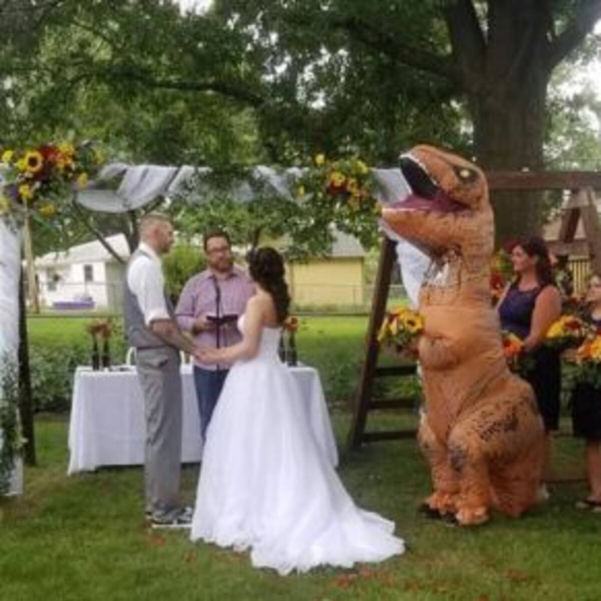 Dama de honor llega a la boda de su hermana disfrazada de T-Rex