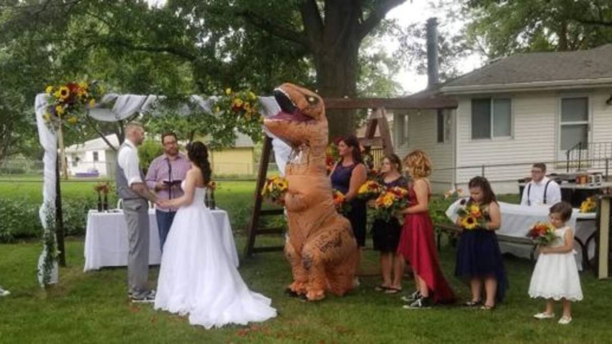 Dama de honor llega a la boda de su hermana disfrazada de T-Rex