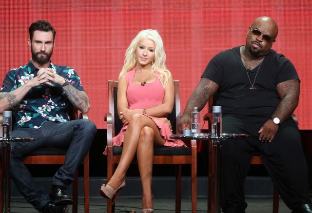 Los coaches Adam Levine, Christina Aguilera y CeeLo Green, durante la presentación de &#039;The Voice&#039; en 2013.