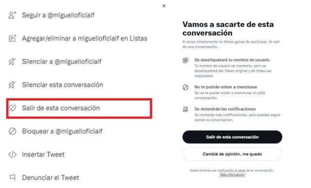 Menú de &#039;Salir de esta conversación&#039;.