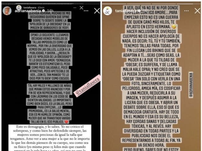 El debate entre Adriana Abenia y Tania Llasera en Instagram.
