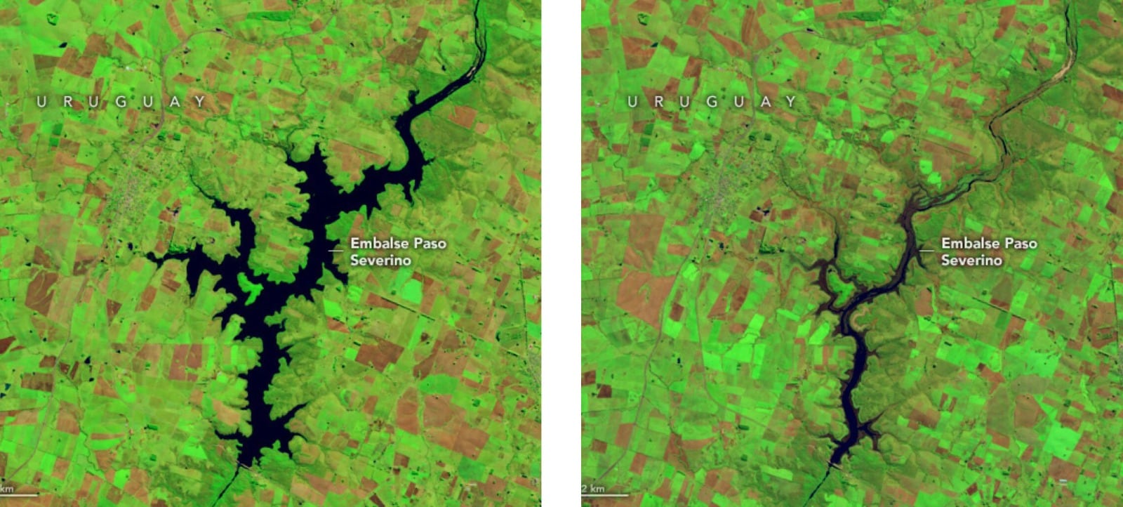 Situación del embalse de Paso Severino en junio de 2022 y en junio de 2023 (NASA).