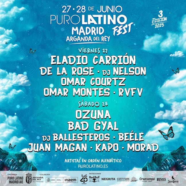 Cartel del Puro Latino Fest 2025 en Arganda del Rey de Madrid los días 27 y 28 de junio.