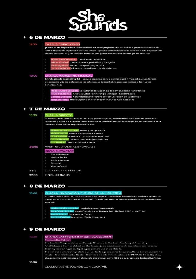 Programación de She Sounds, las jornadas de Warner Music para visibilizar a la mujer en la industria musical.