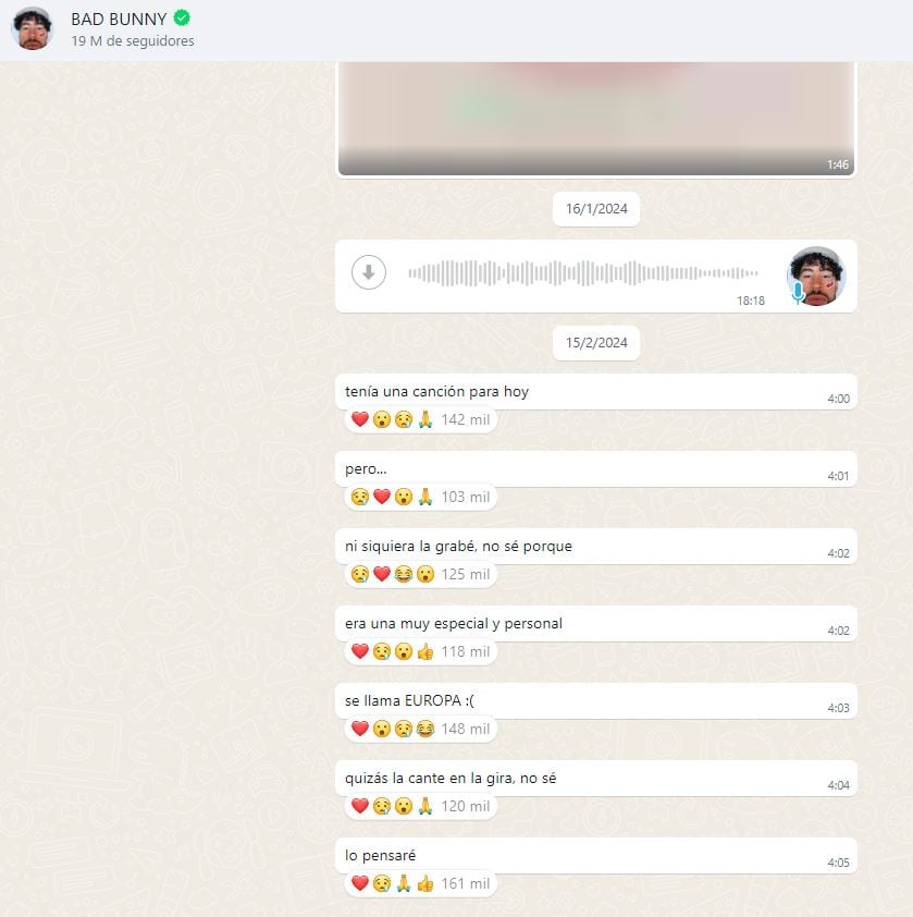 Bad Bunny en su canal de difusión de WhatsApp