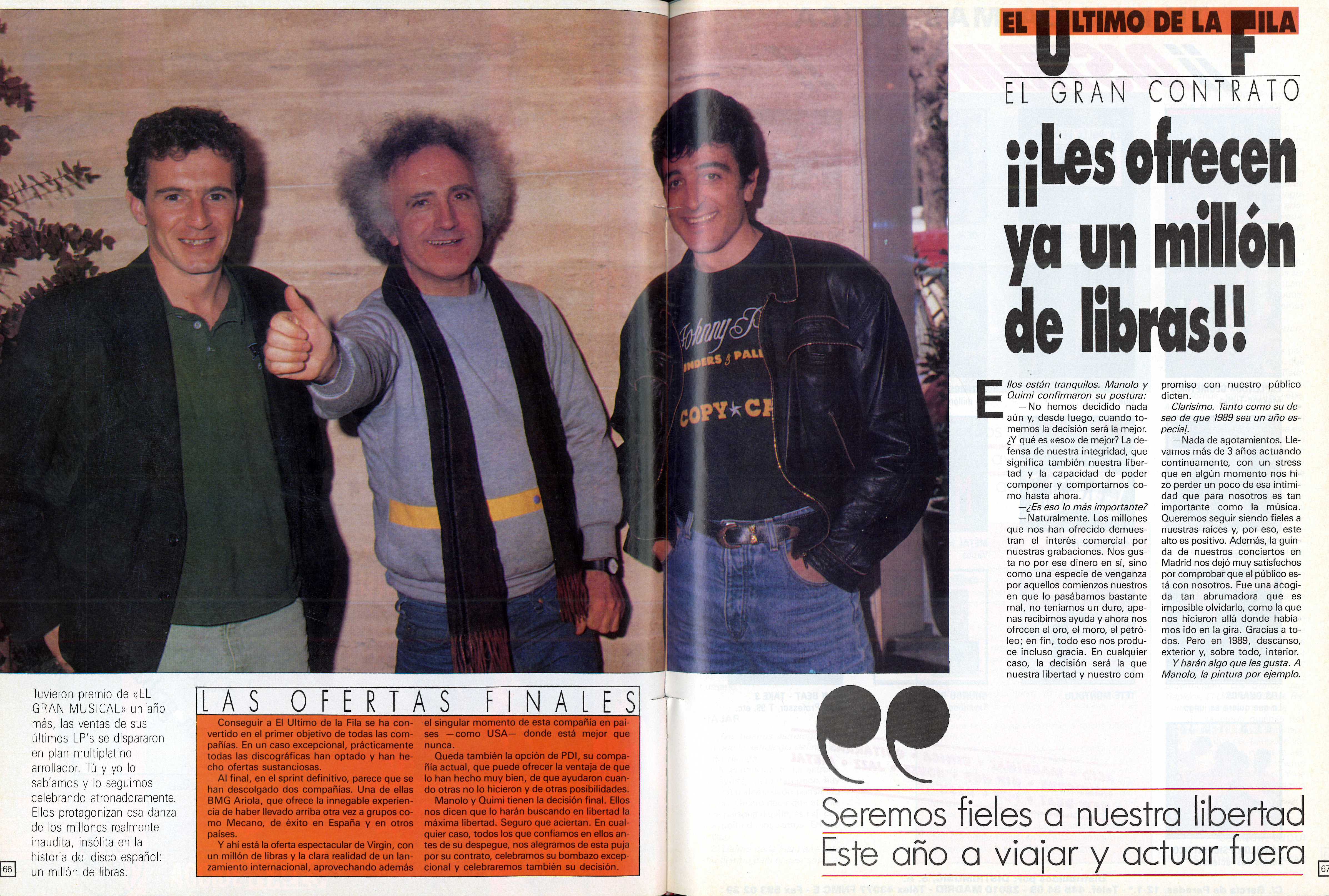 El Último de la Fila junto a Joaquín Luqui en la foto que ilustra el reportaje El Gran Contrato, en la revista EGM (El Gran Musical).