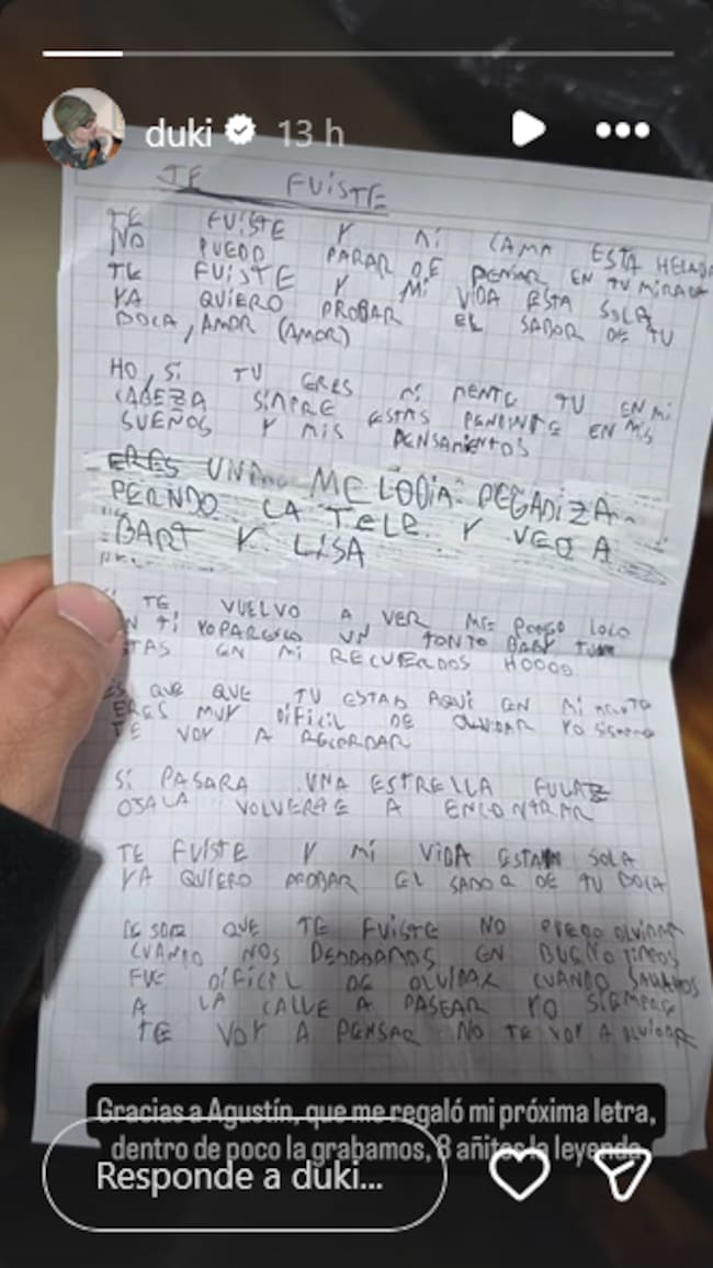 Duki comparte la letra de su próxima canción.