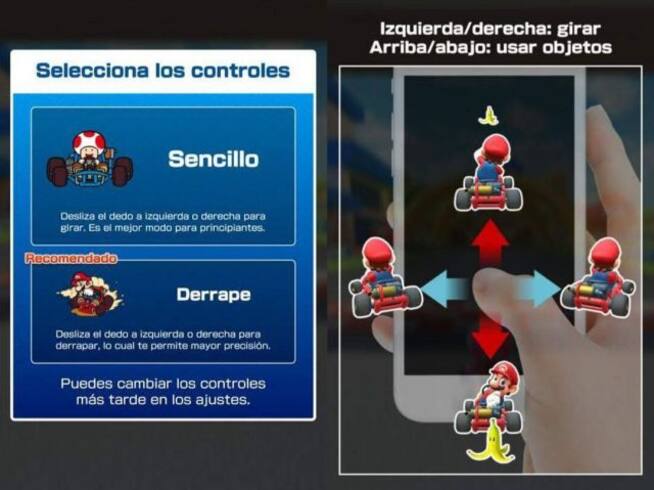 Mario Kart Tour es muy fácil jugarlo en el smartphone, con solo tu dedo pulgar puedes hacer desplazamientos de izquierda a derecha, de arriba y abajo para mover tu carrito