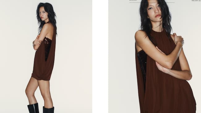 Vestido marrón tipo globo de Zara