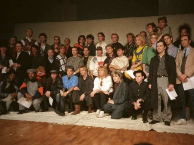Band Aid al completo, durante la grabación del single navideño en 1984.