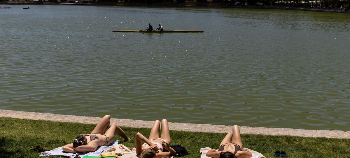 Tomando el sol en la zona de Lago de la Casa de Campo, en Madrid, en pleno mes de mayo