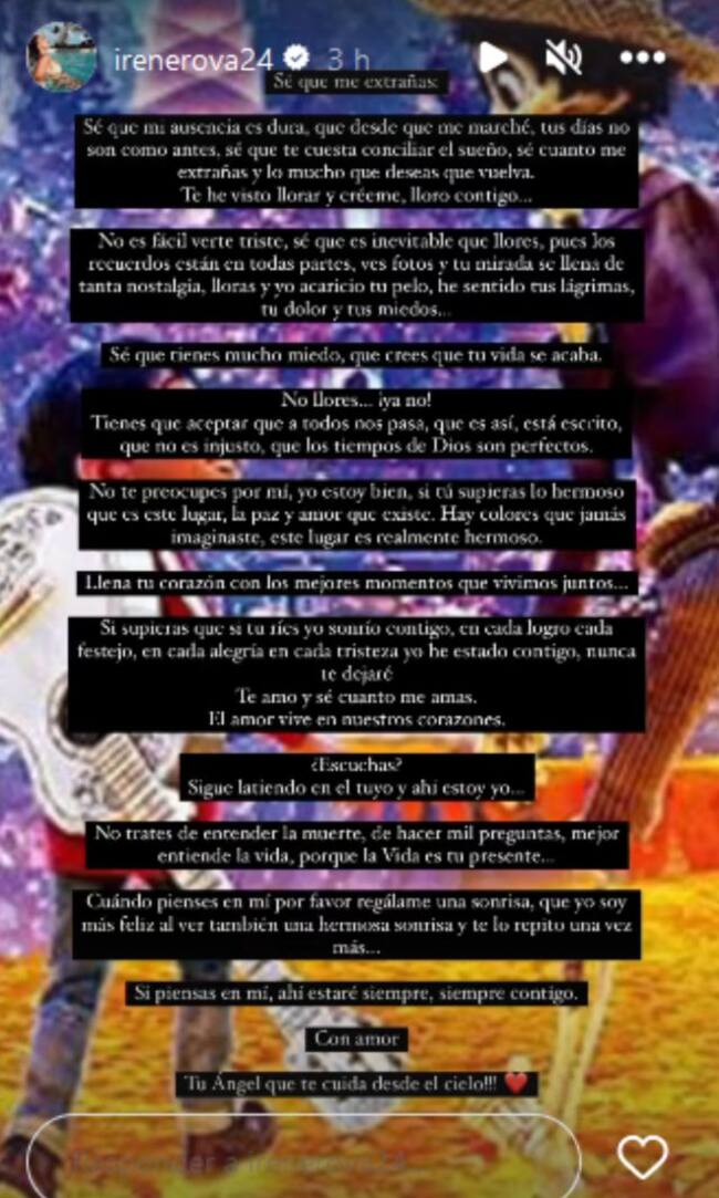 Irene Rosales comparte un emotivo texto en sus stories