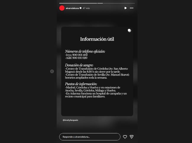 Álvaro de Luna comparte los contactos de ayuda a las víctimas del accidente en Adamuz (Instagram)