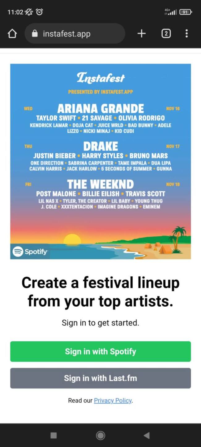 'Home' de Instafest con Spotify.