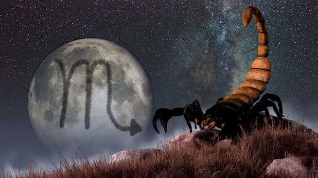 El símbolo del signo zodiacal Escorpio junto con un escorpión.