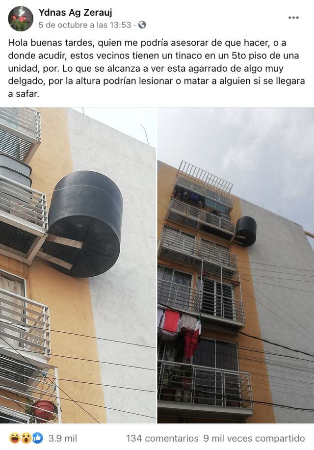 Denuncian a vecinos que colgaron un tinaco de agua en el balcón de su edificio