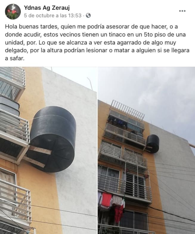 Denuncian a vecinos que colgaron un tinaco de agua en el balcón de su edificio