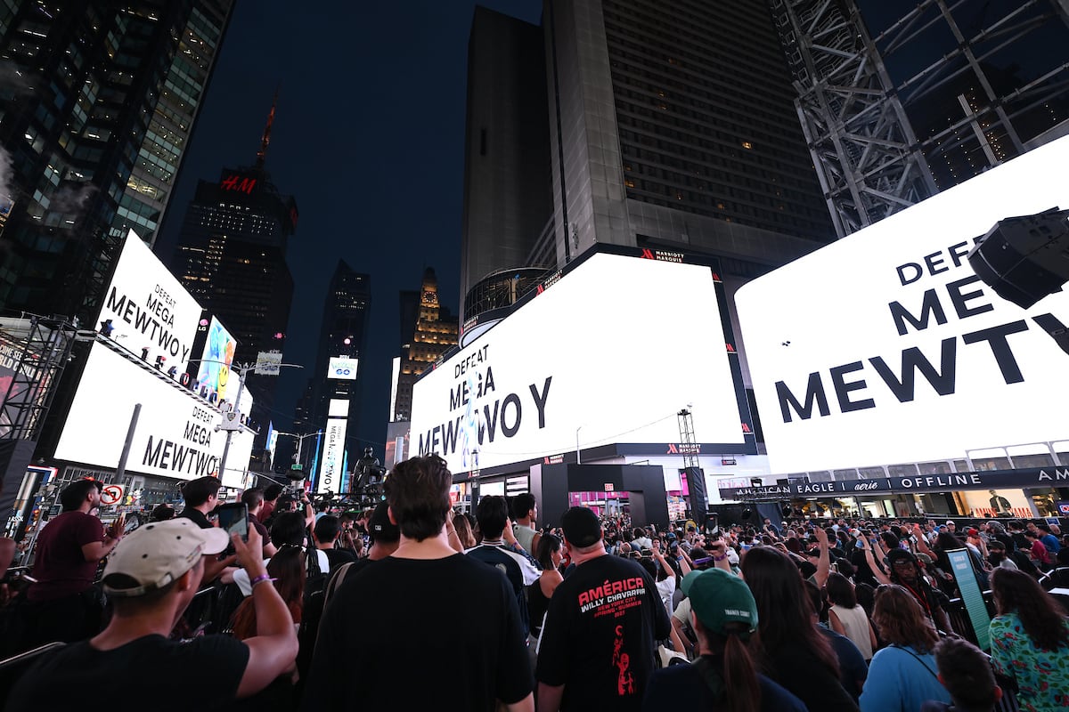Pokémon GO fans await the arrival of Mega Mewtwo Y at the Pokémon GO 10th Anniversary Celebration in Times Square on Thursday, July 9, 2026, in New York. (Carla Torres/AP Content Services for Scopely Explore)