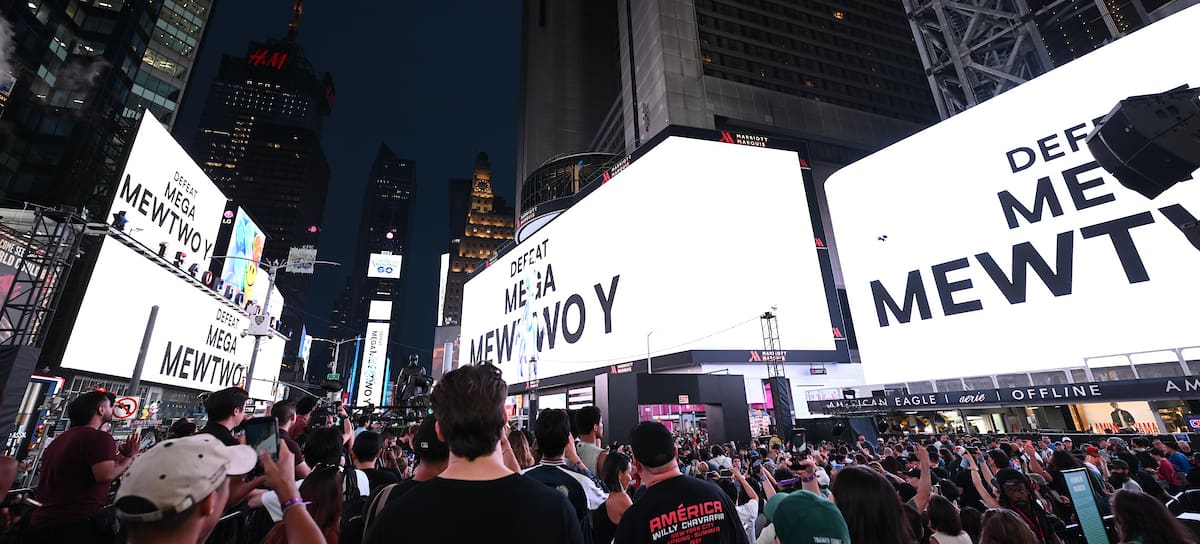 Pokémon GO fans await the arrival of Mega Mewtwo Y at the Pokémon GO 10th Anniversary Celebration in Times Square on Thursday, July 9, 2026, in New York. (Carla Torres/AP Content Services for Scopely Explore)