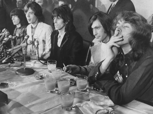 The Rolling Stones, en rueda de prensa. De izquierda a derecha: Bill Wyman, Mick Jagger, Keith Richards, Charlie Watts y Mick Taylor en New York en 1969.