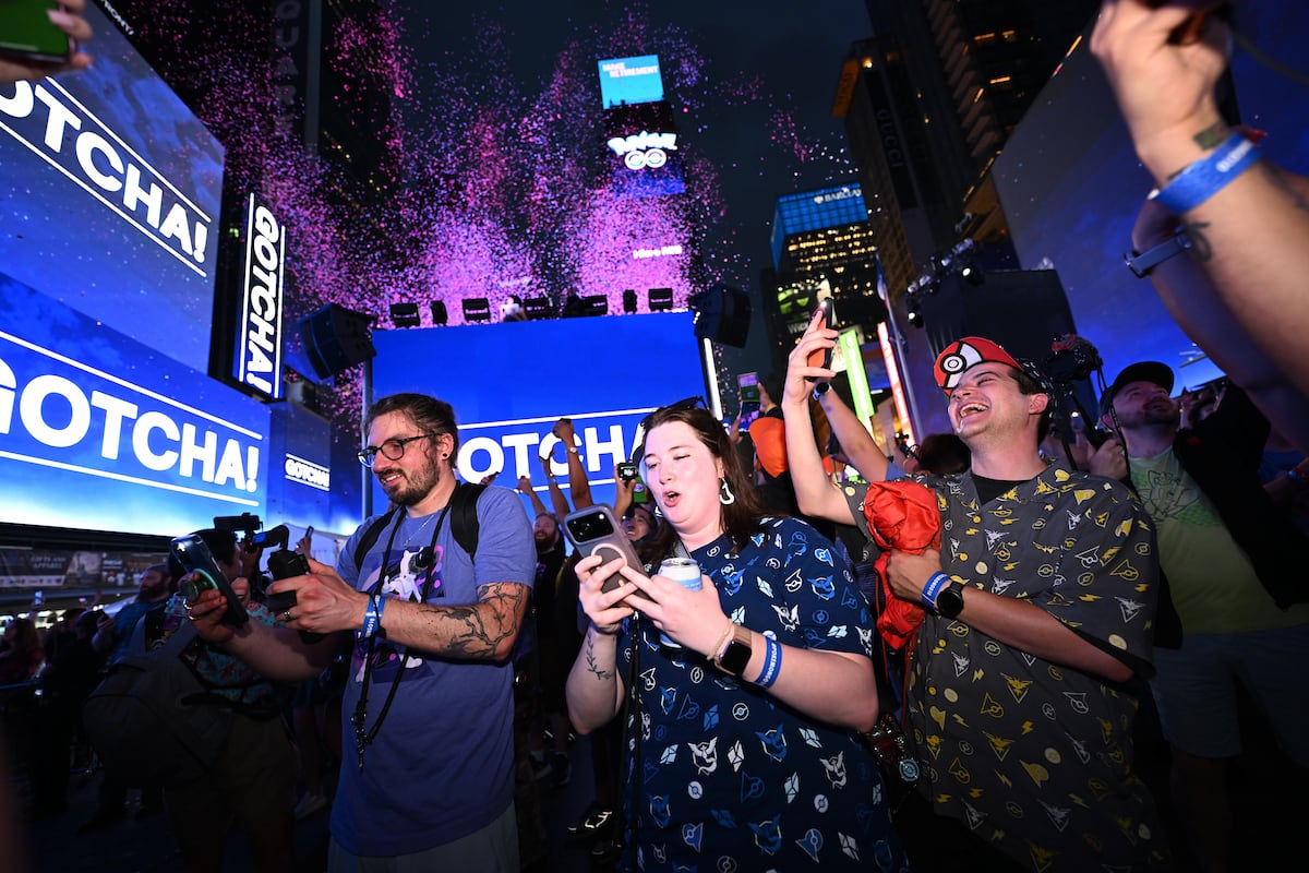 Pokémon GO fans celebrate at the Pokémon GO 10th Anniversary Celebration in Times Square on Thursday, July 9, 2026, in New York. (Carla Torres/AP Content Services for Scopely Explore)