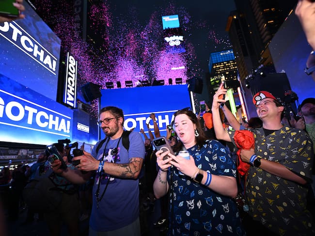 Pokémon GO fans celebrate at the Pokémon GO 10th Anniversary Celebration in Times Square on Thursday, July 9, 2026, in New York. (Carla Torres/AP Content Services for Scopely Explore)
