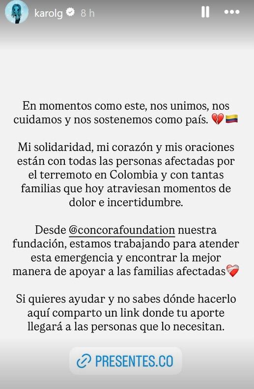 Mensaje de Karol G tras el terremoto en Colombia