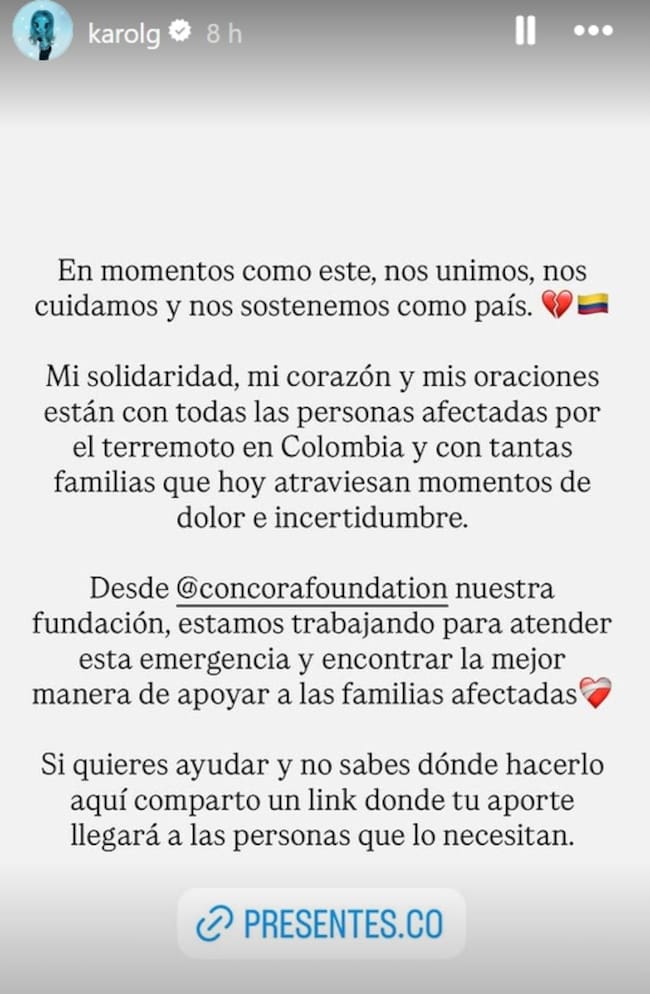 Mensaje de Karol G tras el terremoto en Colombia