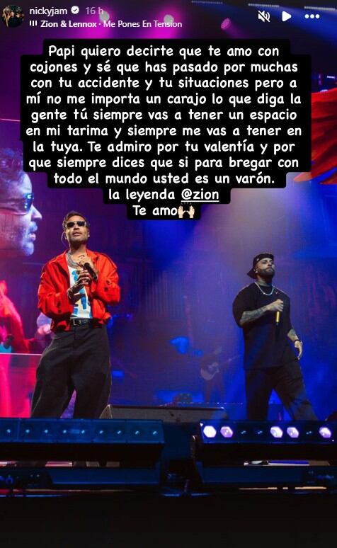 Story de Nicky Jam sobre Zion.