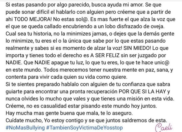 Caeli mandó un mensaje a quien ha sufrido lo mismo que le provocó YosStop